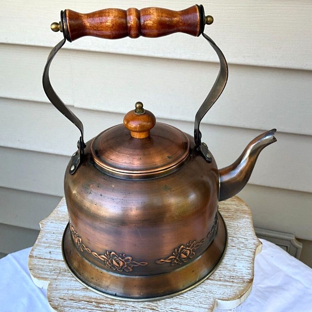 Vintage Copper Tea Kettle wooden handle embossed flowers so pretty Grandmacore
